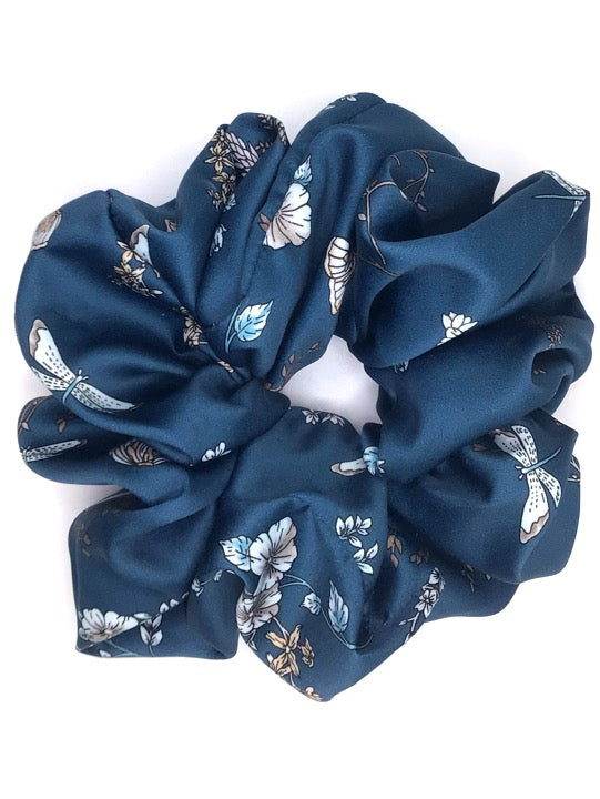 XXL satin scrunchie in grey blue color with floral and dragonfly design on a white background.