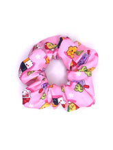 Load image into Gallery viewer, A cotton scrunchie featuring Hawaiian local childhood favorites such as pineapple, poke bowl, spam musubi, milk tea, and shave ice on a pink background.

