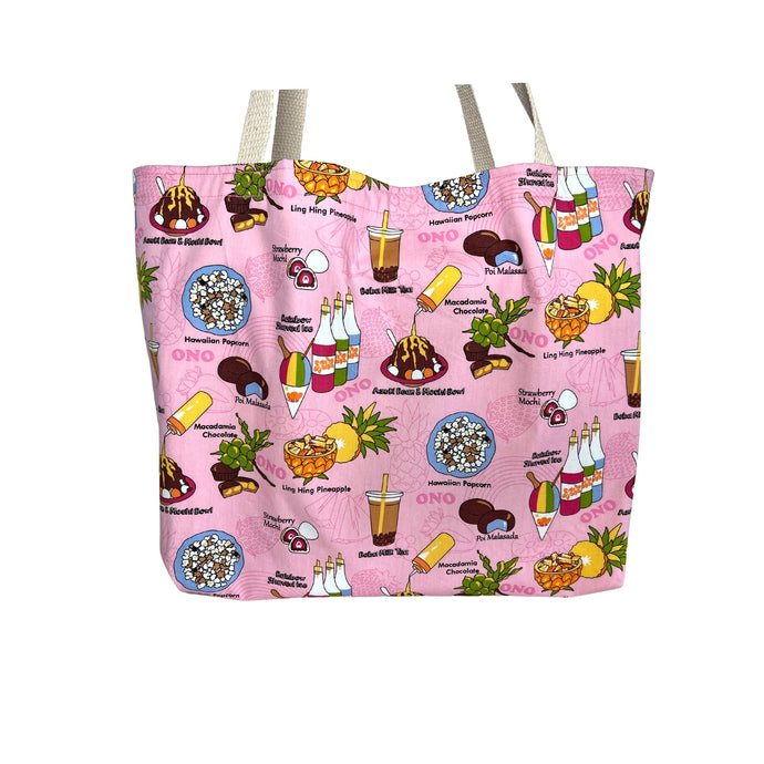 A large pink tote bag with colorful illustrations of Hawaiian local favorites including boba tea, shave ice, strawberry mochi, poi malasada, ling hing pineapple, and Hawaiian popcorn.