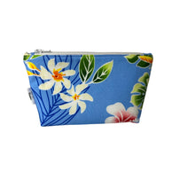 Load image into Gallery viewer, Small makeup bag made with tropical blue fabric featuring yellow and red hibiscus, monstera leaves, and white pualani flower, measuring 6.5 inches in length, 2 inches in width, and 3.75 inches in height.

